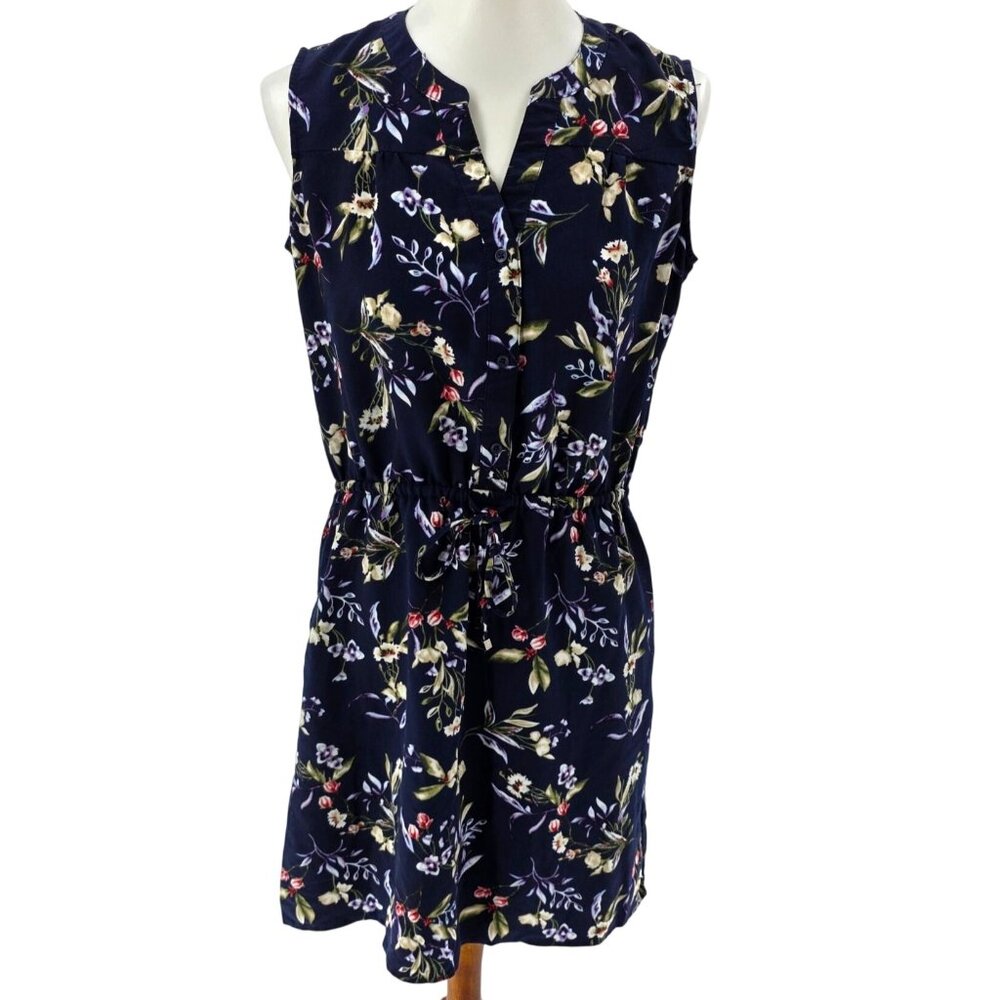 Nicole Miller Original Sleeveless Floral Navy Dress With Drawstring Waist S